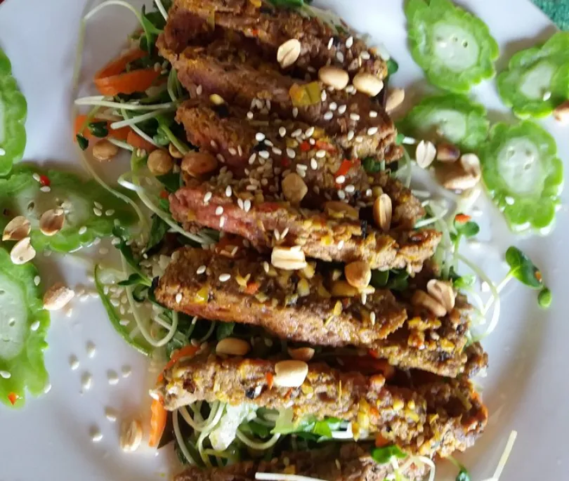 BBQ Beef on Mustard Sprout Salad