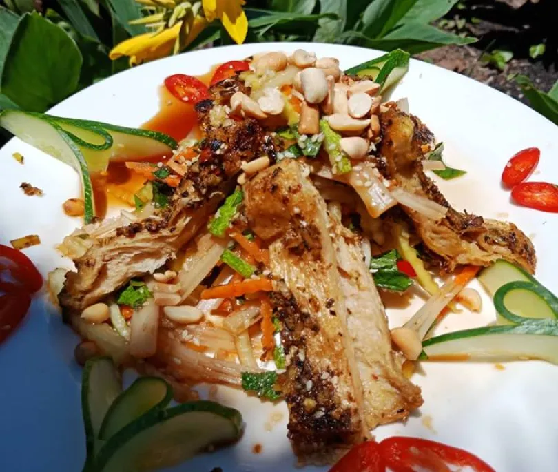 Lotus salad with BBQ Vegies  Meat