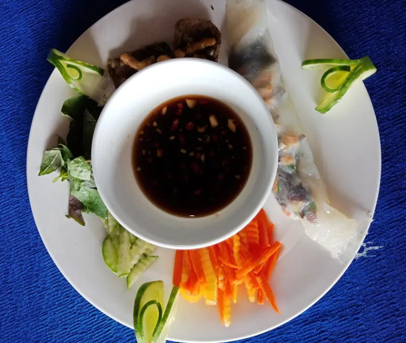 Vegan Fresh Pastry stuffed with fake fish and Mushroom  serve with BBQ fake Beef and soysauce Dipping