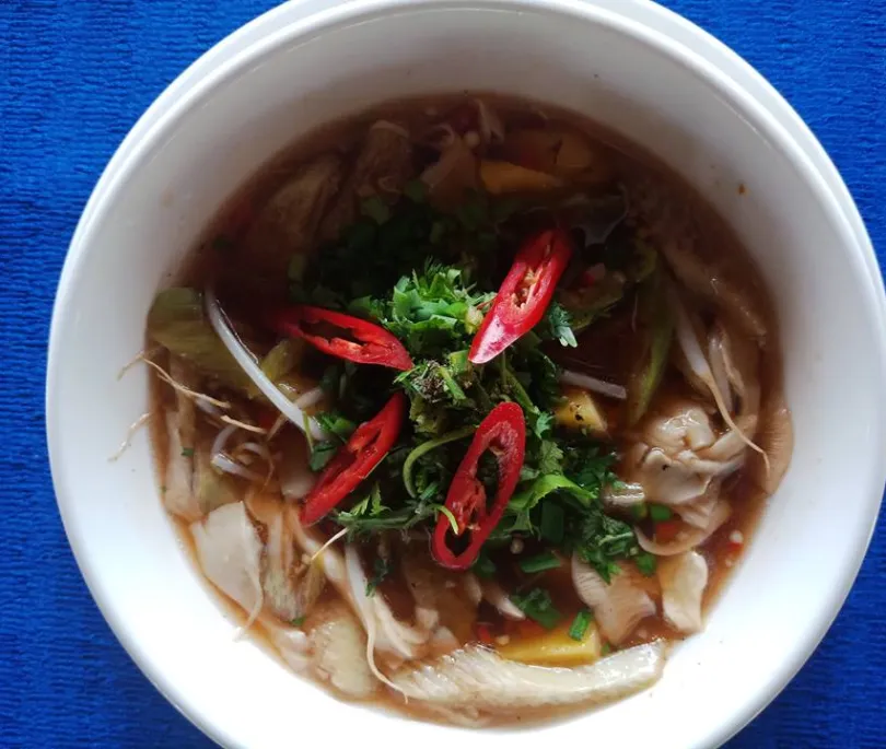 Vegan Sweet and Sour Soup with fake Fish/Mushroom