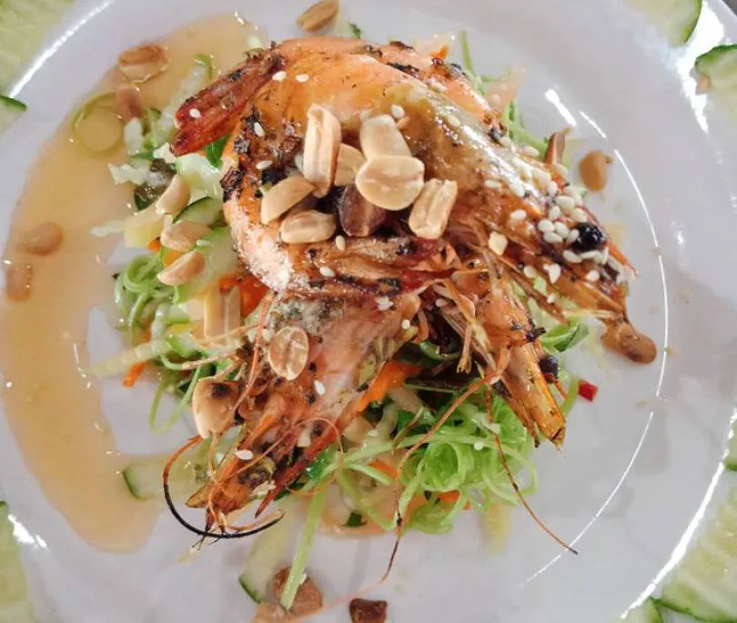 Water Spinach Salad with BBQ Prawn