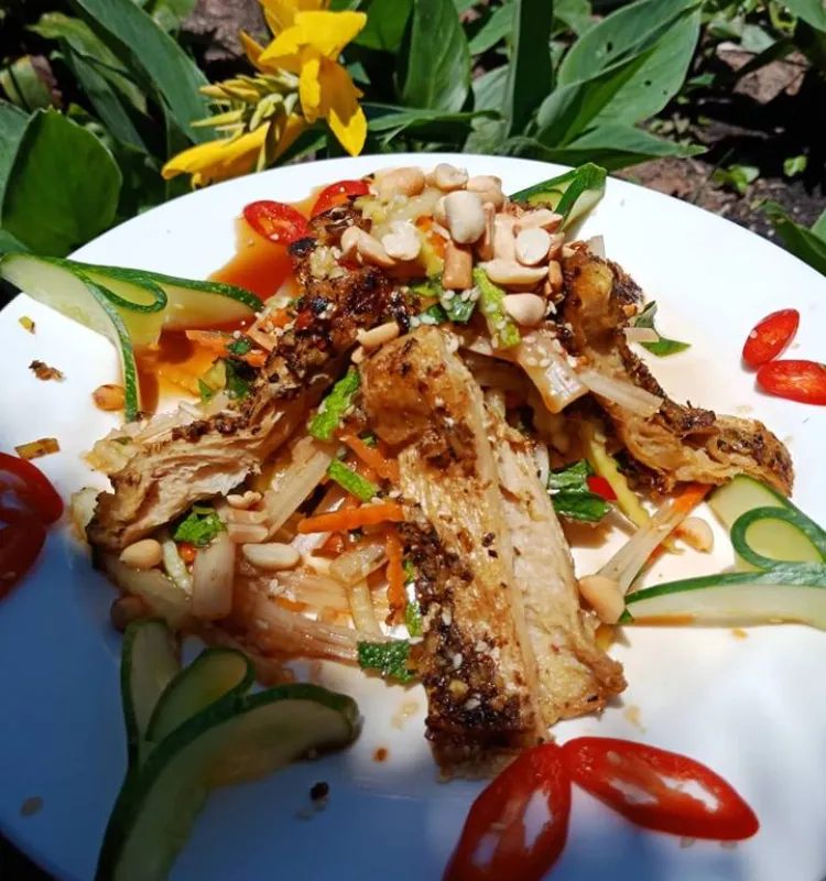 Lotus salad with BBQ Vegies  Meat