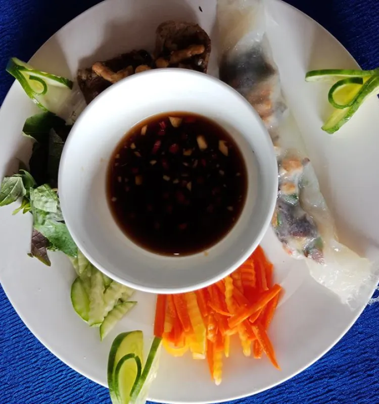 Vegan Fresh Pastry stuffed with fake fish and Mushroom  serve with BBQ fake Beef and soysauce Dipping
