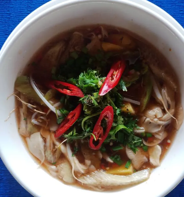 Vegan Sweet and Sour Soup with fake Fish/Mushroom